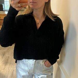 Aerie Black oversized v-neck with collar sweater